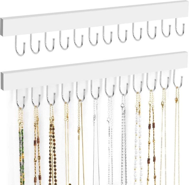 ZEDODIER 2 Pack Necklace Organizer Wall Mount, Wooden Jewelry Hanger Necklace Holder with 24 Hooks,Hanging Jewelry Organizer, White - Image 1